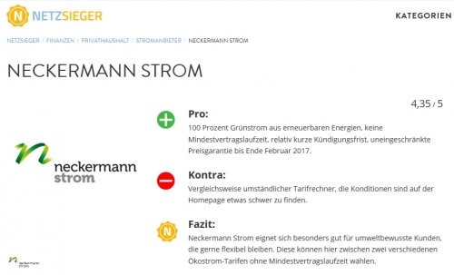 Neckermann Strom auf Platz2 der deutschen Stromanbieter