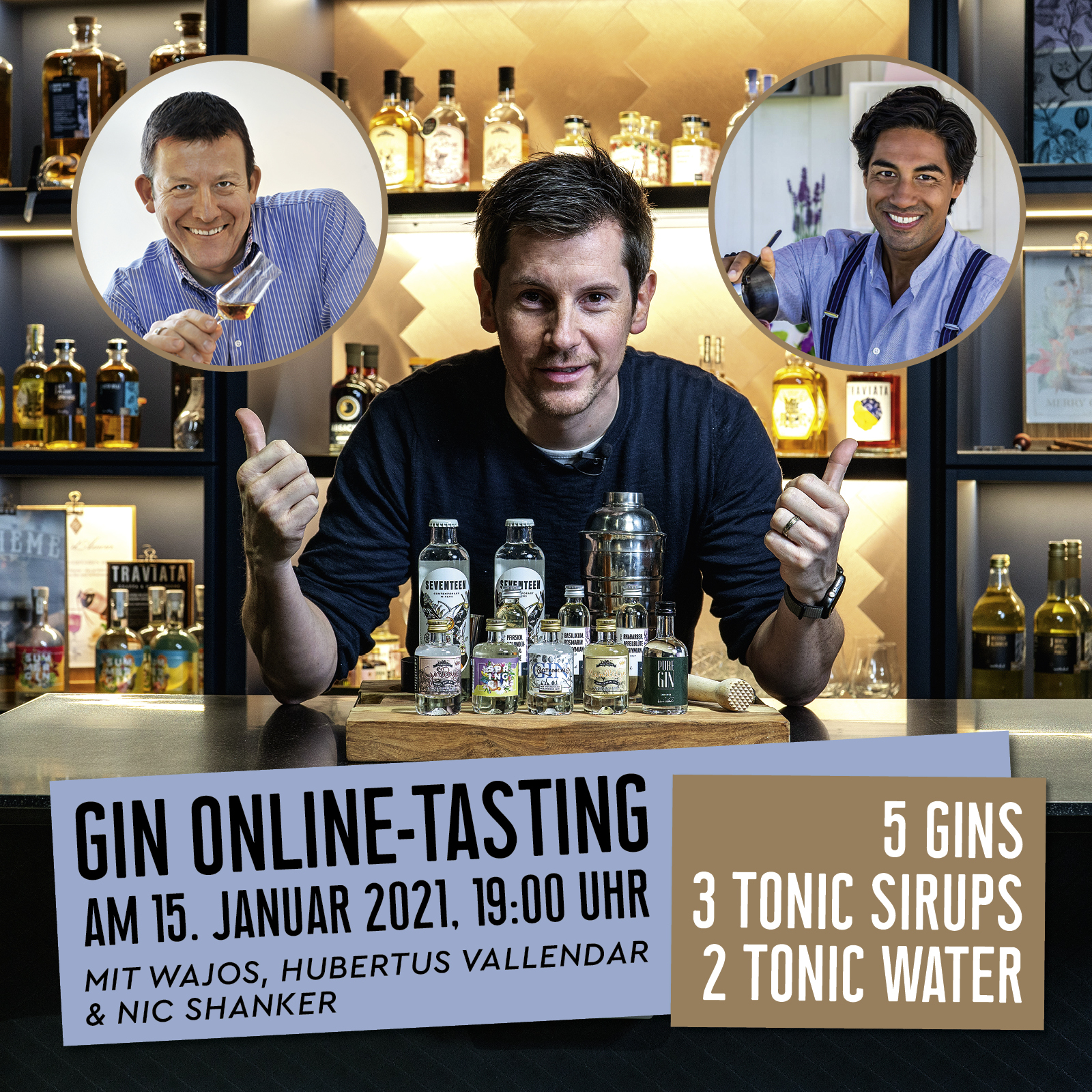 Wajos veranstaltet Gin Online-Tasting am 15.01. mit Barkeeper Nic Shanker & Destillateur Hubertus Vallendar