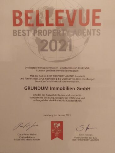 Auszeichnung mit Qualitätssiegel: GRUNDUM Immobilien als »BELLEVUE BEST PROPERTY AGENT 2021« ausgezeichnet