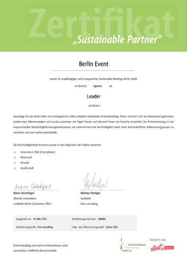 Berlin Event ist Leader bei Sustainable Meetings Berlin!