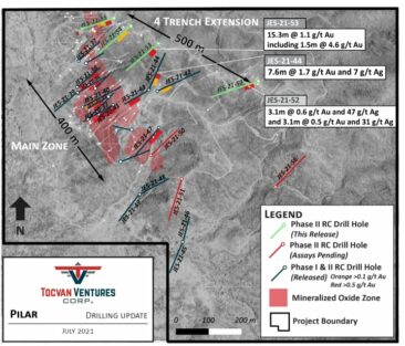 Tocvan Drills 15.3 meters of 1.1 g/t Au in New 4-Trench Extension – Defines new mineralized trend over a 500 meter strike at Pilar