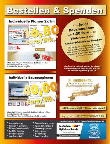**Mit jeder Bauzaunplane spenden wir 1,00 Euro an den Förderverein der Kinderfachklinik Wangen!