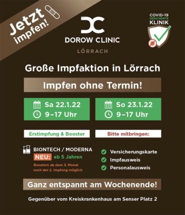Impfen in der Schönheitsklinik: Spontan ohne Termin am 22./23.01.2022 in der Dorow Clinic in Lörrach