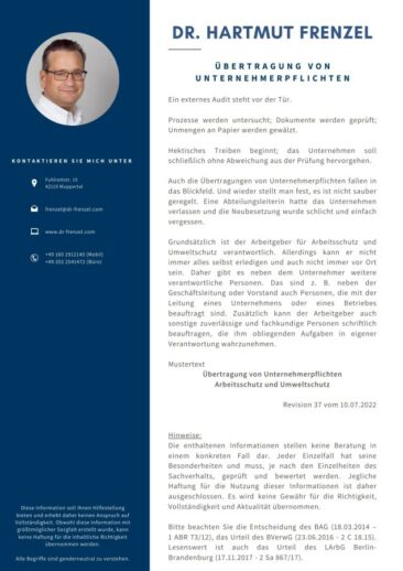 Überarbeitung der Übertragung von Unternehmerpflichten – Arbeitsschutz und Umweltschutz