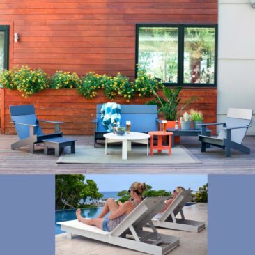 Wetterfeste Outdoormöbel aus recyceltem Kunststoff im bunten Design