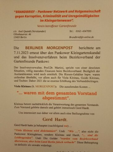 Zum Bezirksverband der Gartenfreunde Pankow e.V.:  „Die Aberkennung der steuerlichen Gemeinnützigkeit droht“.