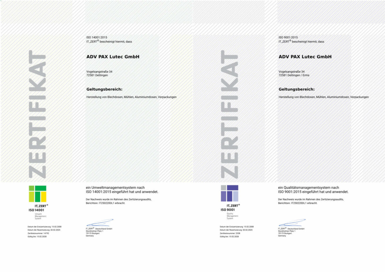 ADV PAX ist weiterhin ISO-zertifiziert – für Qualität & Umwelt: ISO 9001 und ISO 14001