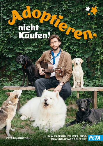 Álvaro Soler, fünf Hunde und ganz viel Liebe: Charismatischer Sänger präsentiert neues PETA-Motiv zum Thema Adoption