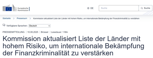 Die Europäische Kommission aktualisiert ihre Liste der Länder mit hohem Risiko im (AML/CFT)
