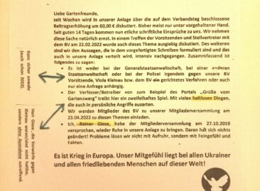 Ehrenhafte Kehrtwende beim Skandal-Bezirksverband der Gartenfreunde Pankow auch aktuell nicht in Sicht.