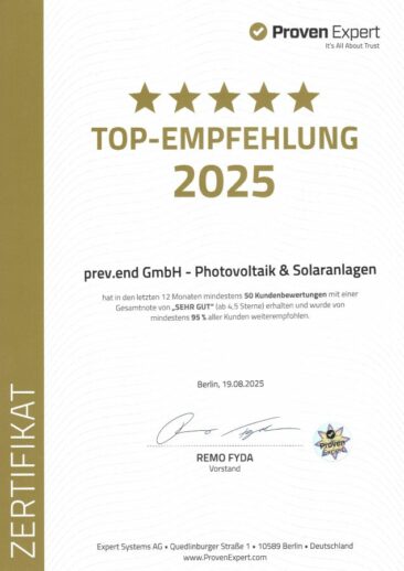 prev.end GmbH erhält ProvenExpert “Top-Empfehlung 2025”