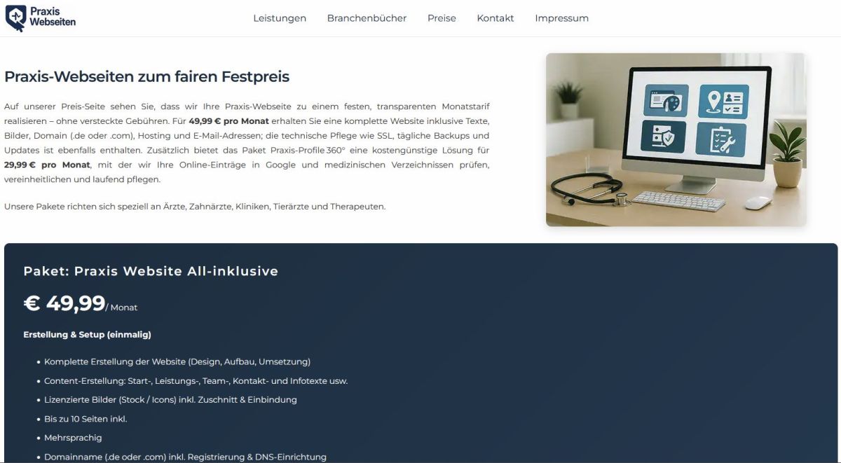 WebSeo GmbH: Praxis Website erstellen zum Festpreis von 49,99 EUR / Monat (inkl. MwSt.)