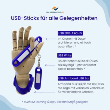 EDV-Werbeartikel: verstellbare USB-Armbänder, USB-Sticks zum Beschriften und USB-Sticks zum Abheften.