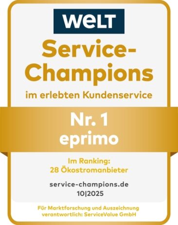 eprimo überzeugt erneut als Service-Champion im Bereich Ökostrom