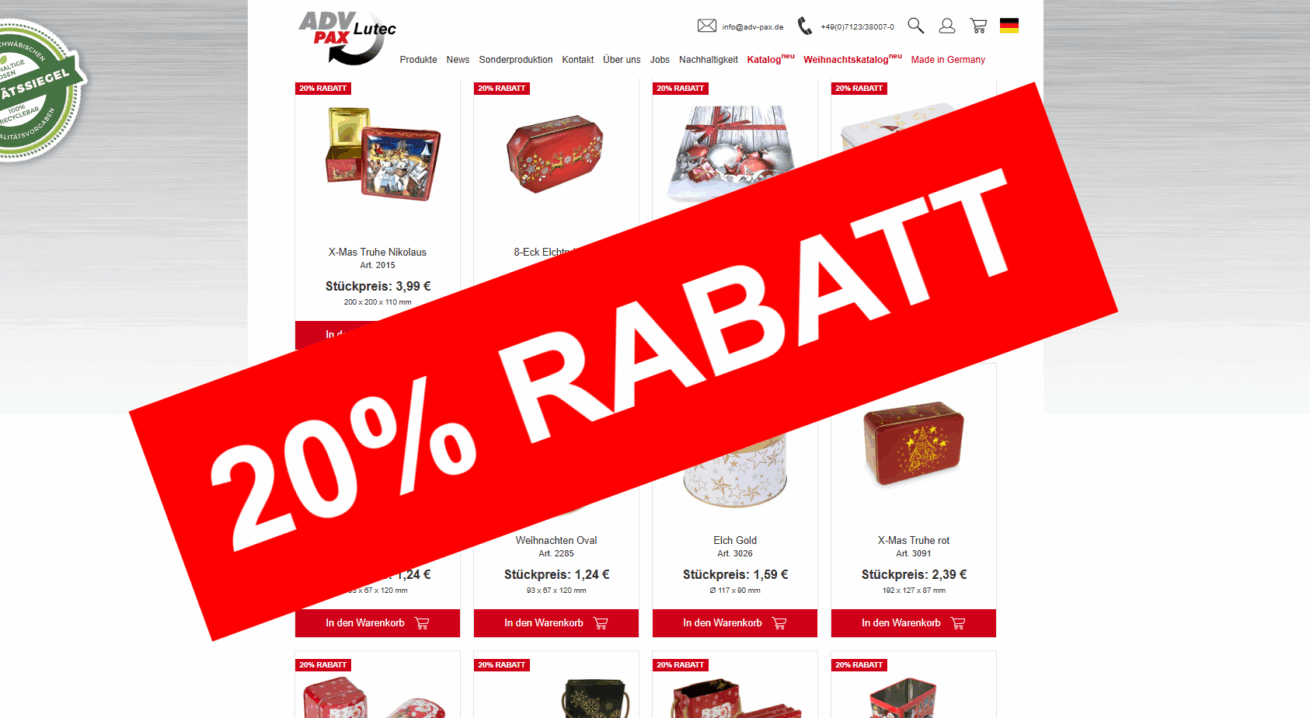 20% Rabatt auf alle Weihnachtsartikel bei ADV PAX!