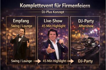 Firmenfeier-Komplettevent: Empfang, Highlight-Show & DJ-Aftershow – alles aus einer Hand