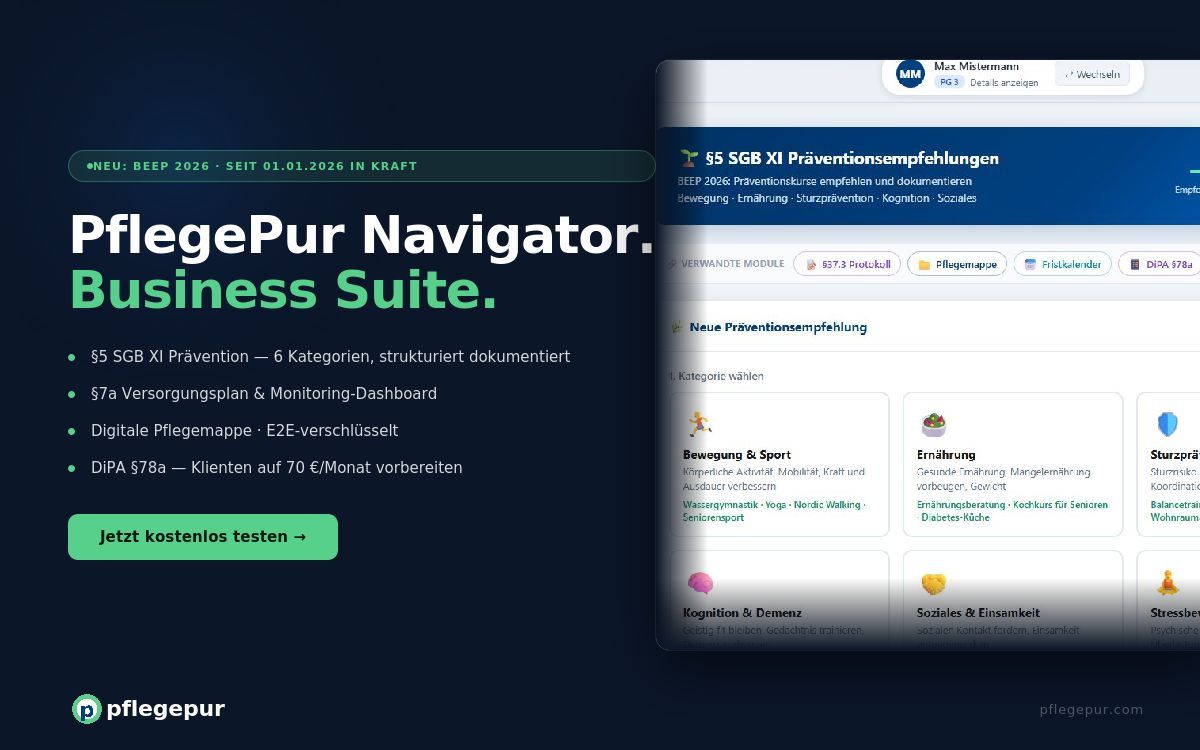 PflegePur Navigator: §7a Versorgungsplan, digitale Pflegemappe und §5 Prävention jetzt in einer App