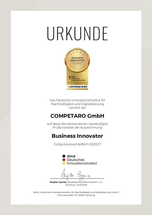 Deutsches Innovationsinstitut zeichnet COMPETARO GmbH als Business Innovator aus