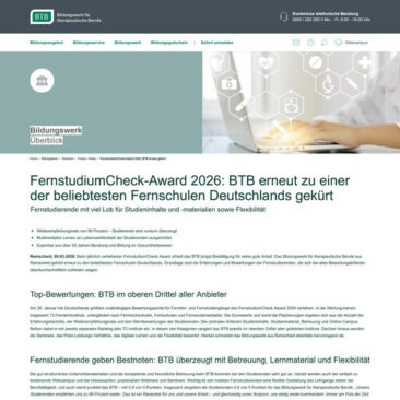 FernstudiumCheck-Award: Fernschule BTB erneut gekürt