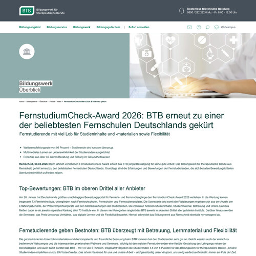 FernstudiumCheck-Award: Fernschule BTB erneut gekürt