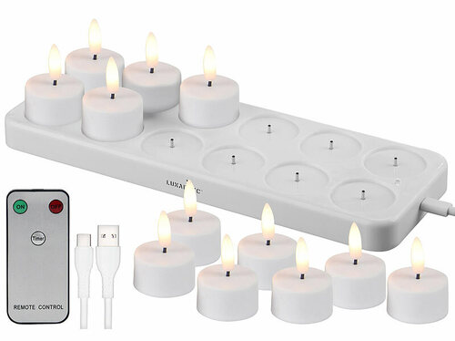 Lunartec 12er-Set LED-Akku-Teelichter mit USB-Ladestation
