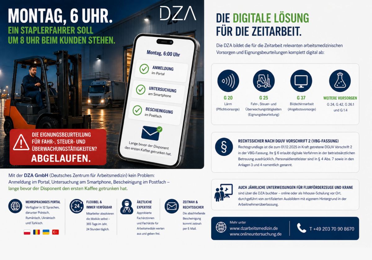 G20, G25, G37 online: Arbeitsmedizin 24/7 für Personaldienstleister – in zwölf Sprachen, ärztlich geprüft