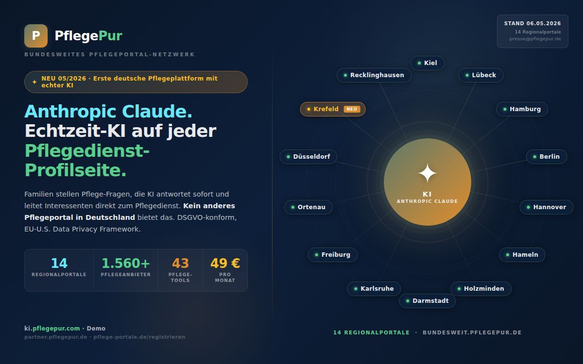 PflegePur: Erstes Pflegeportal mit KI auf jeder Profilseite “ 14 Regionalportale, 1.560+ Pflegeanbieter