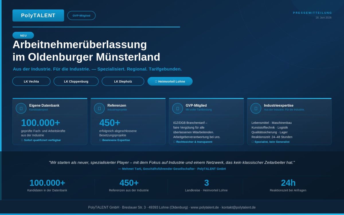 PolyTALENT GmbH startet Arbeitnehmerüberlassung: Jetzt als Zeitarbeitgeber im Oldenburger Münsterland