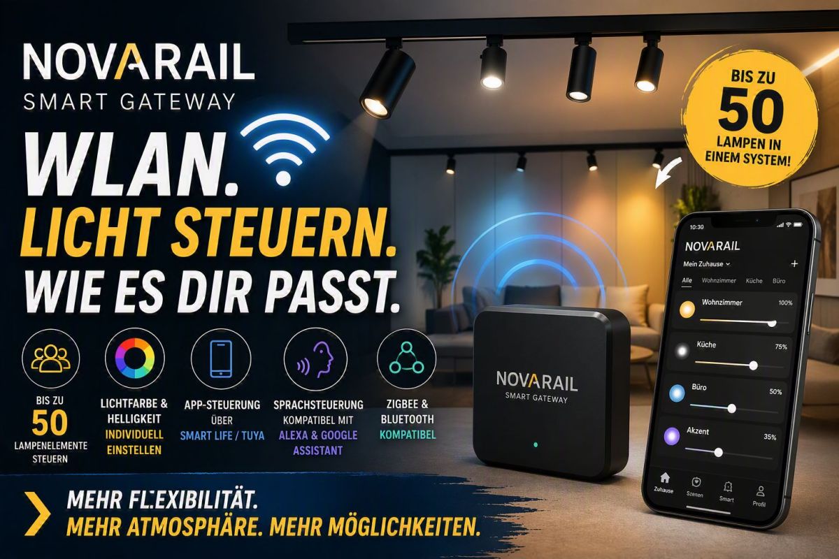 Bis zu 50 Leuchten per App steuern: NOVARAIL Smart Gateway verbindet LED-Schienensystem direkt mit dem WLAN