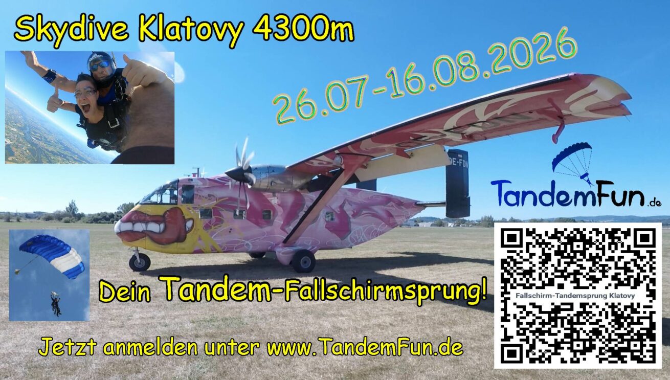 Dem Himmel so nah: Täglich Tandem-Fallschirmspringen in Klatovy bis zum 16. August 2026