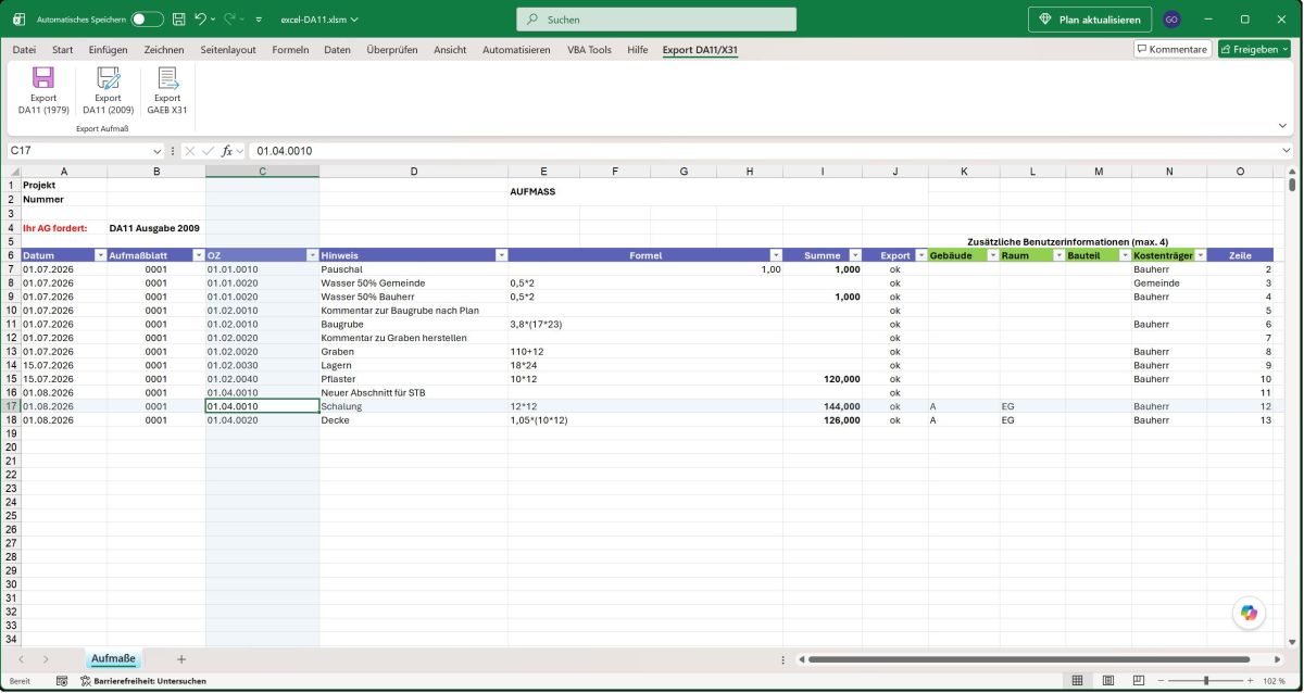 GAEB X31 aus Excel ohne zusätzliche Software: Excel2DA11 startet