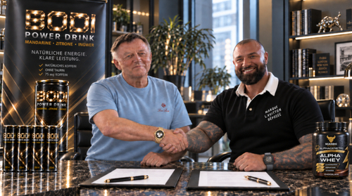 Alex Bodi und Prof. Dr. Dieter Lazik schließen Vertrag für ALPHA WHEY und BODI Energydrink