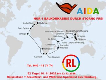Traumreisen für Weltenbummler mit AIDA: Balkonkabine durch Storno wieder frei