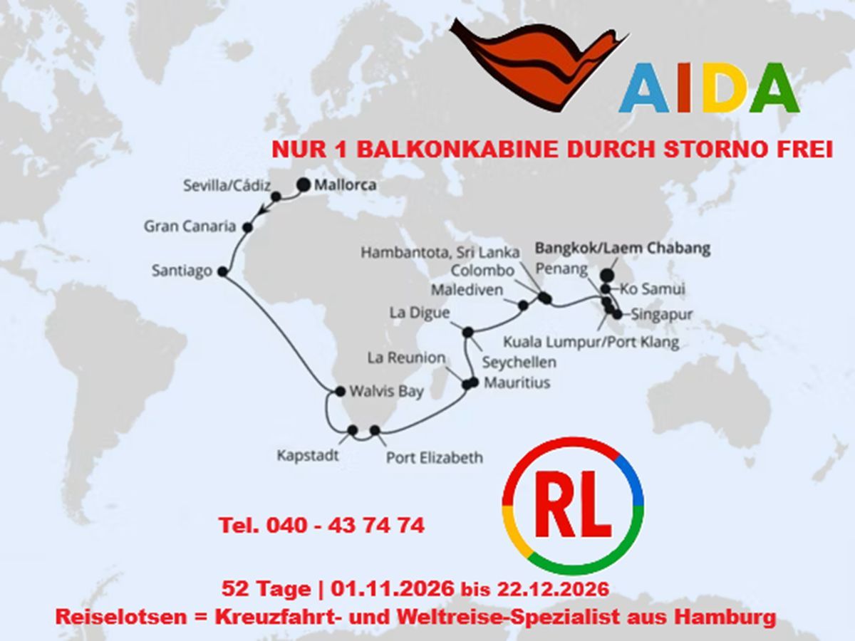 Traumreisen für Weltenbummler mit AIDA: Balkonkabine durch Storno wieder frei