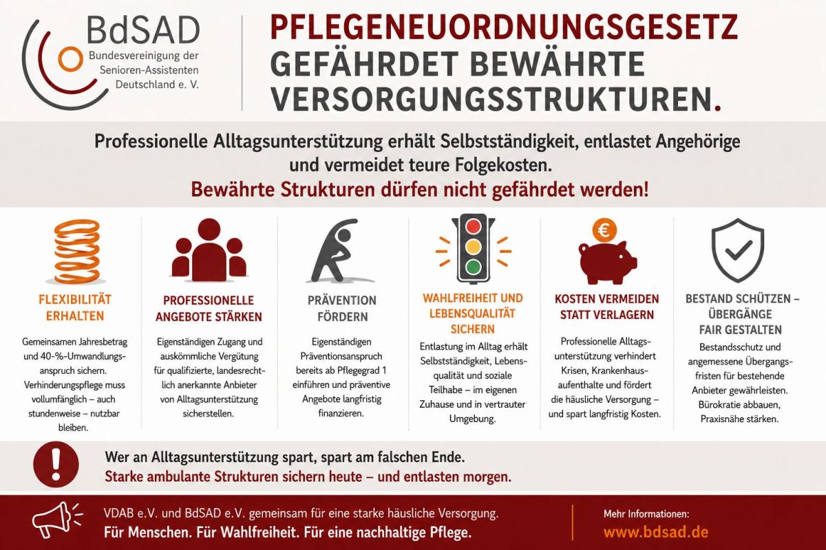 VDAB und BdSAD warnen: Pflegeneuordnungsgesetz gefährdet bewährte Versorgungsstrukturen