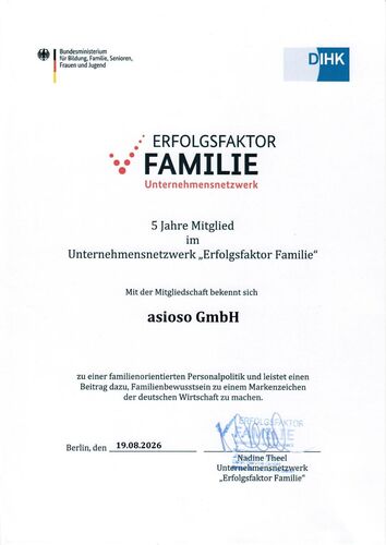 asioso seit fünf Jahren Mitglied im Unternehmensnetzwerk „Erfolgsfaktor Familie“