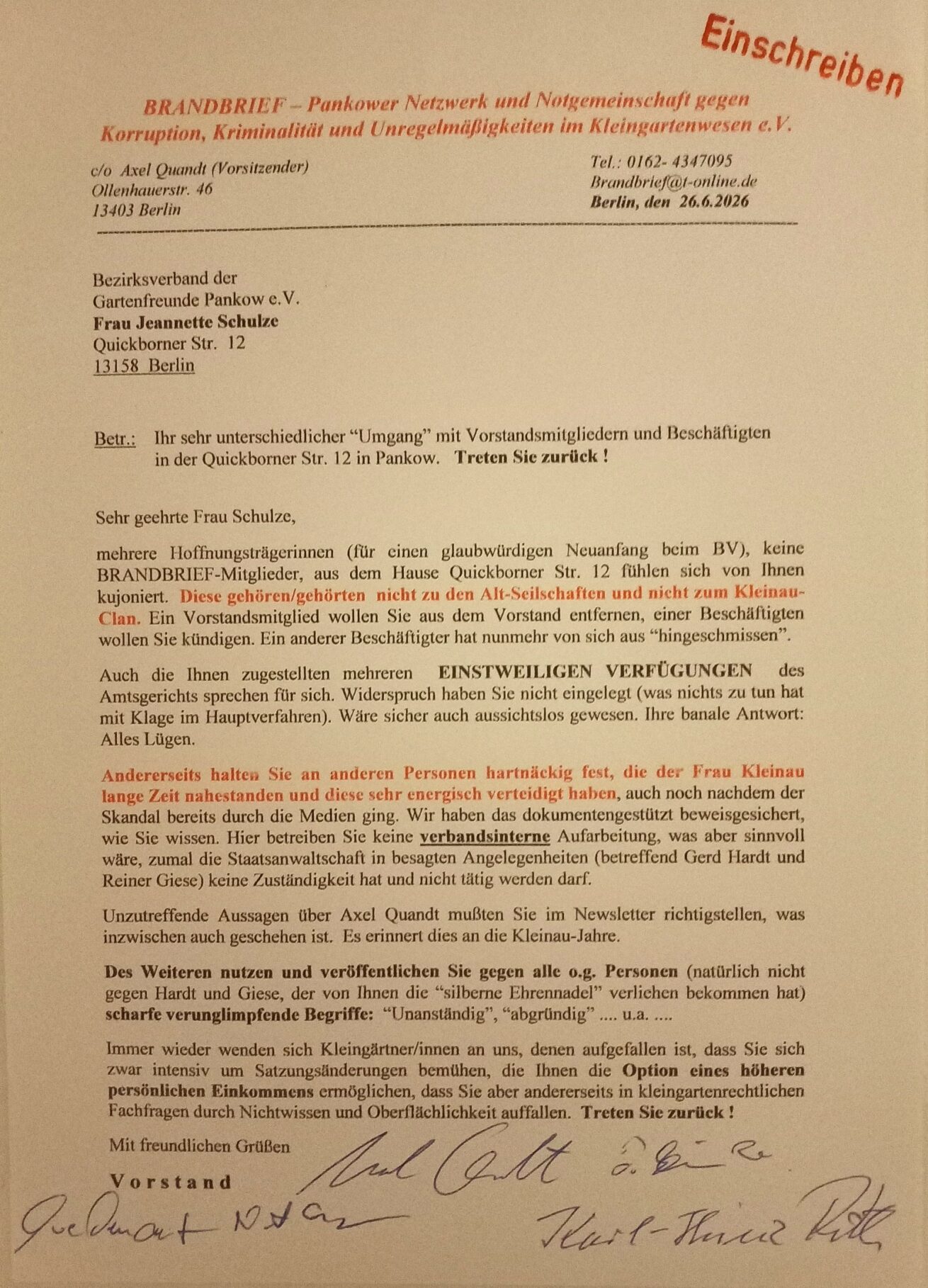 BRANDBRIEF-Versammlung mit deutliche Kritik an der Vorsitzenden des Bezirksverbands der Gartenfreunde Pankow.