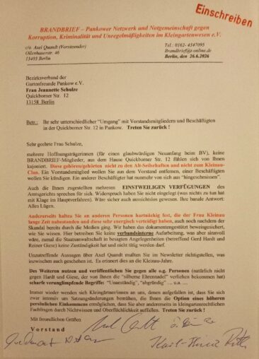 BRANDBRIEF-Versammlung mit deutliche Kritik an der Vorsitzenden des Bezirksverbands der Gartenfreunde Pankow.