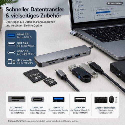 Callstel 7in1-USB-C-Dockingstation, PD 100 Watt, 4K-HDMI