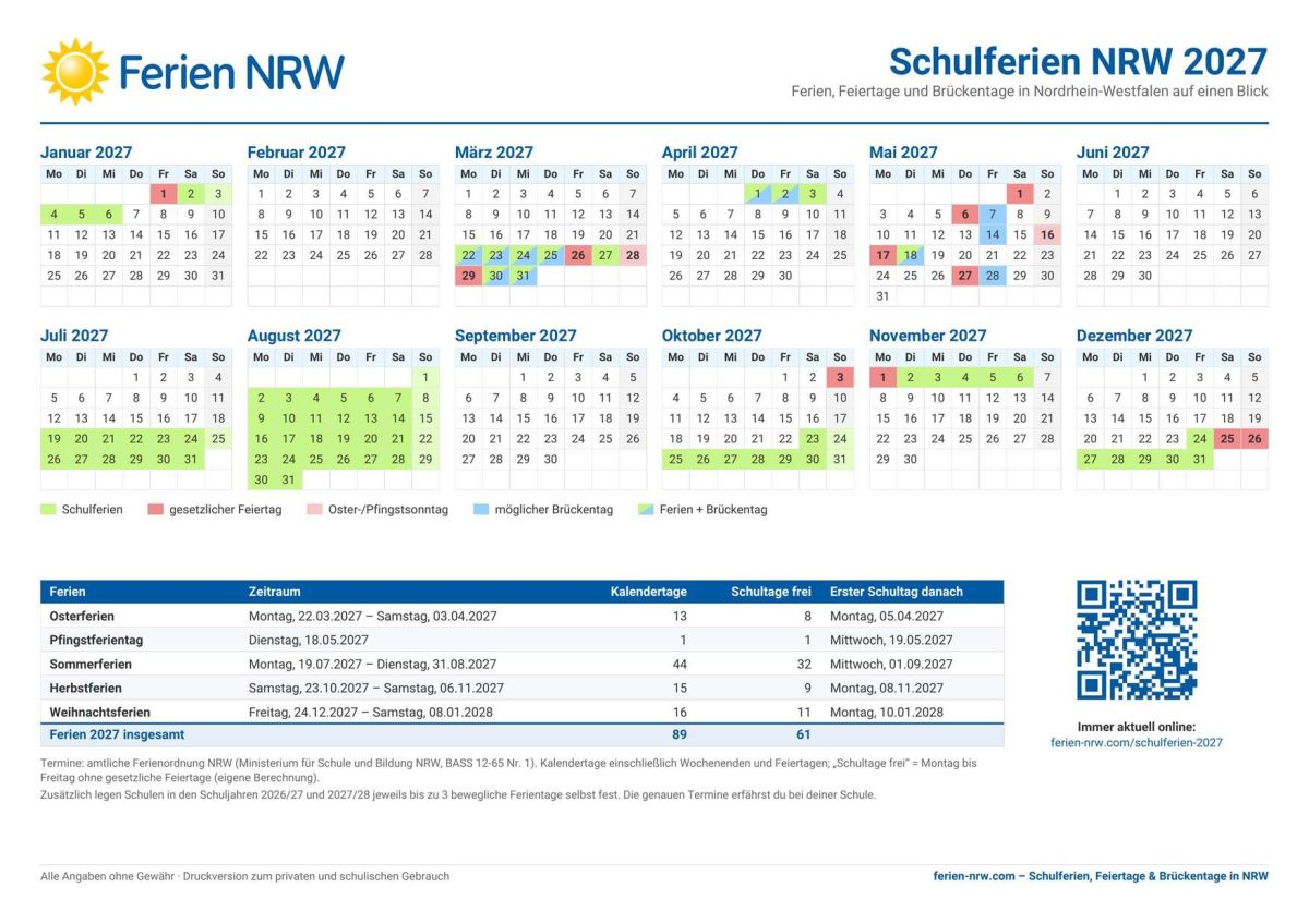 Ferien-NRW.com: Schulferien, Feiertage und Brückentage in NRW bis 2030 auf einen Blick