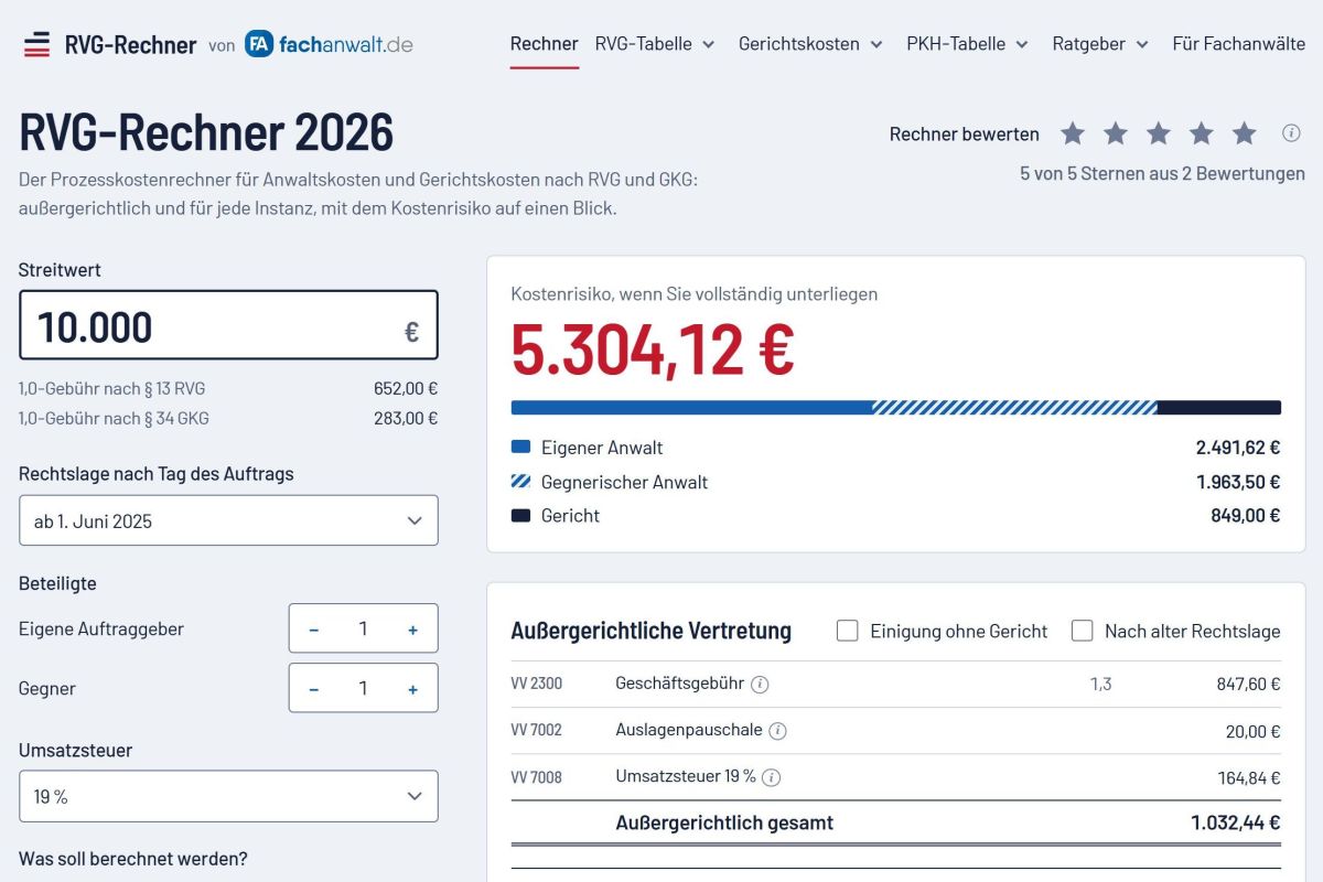Kostenloser RVG-Rechner erleichtert Anwälten die Kostenberechnung und den Austausch mit Mandanten