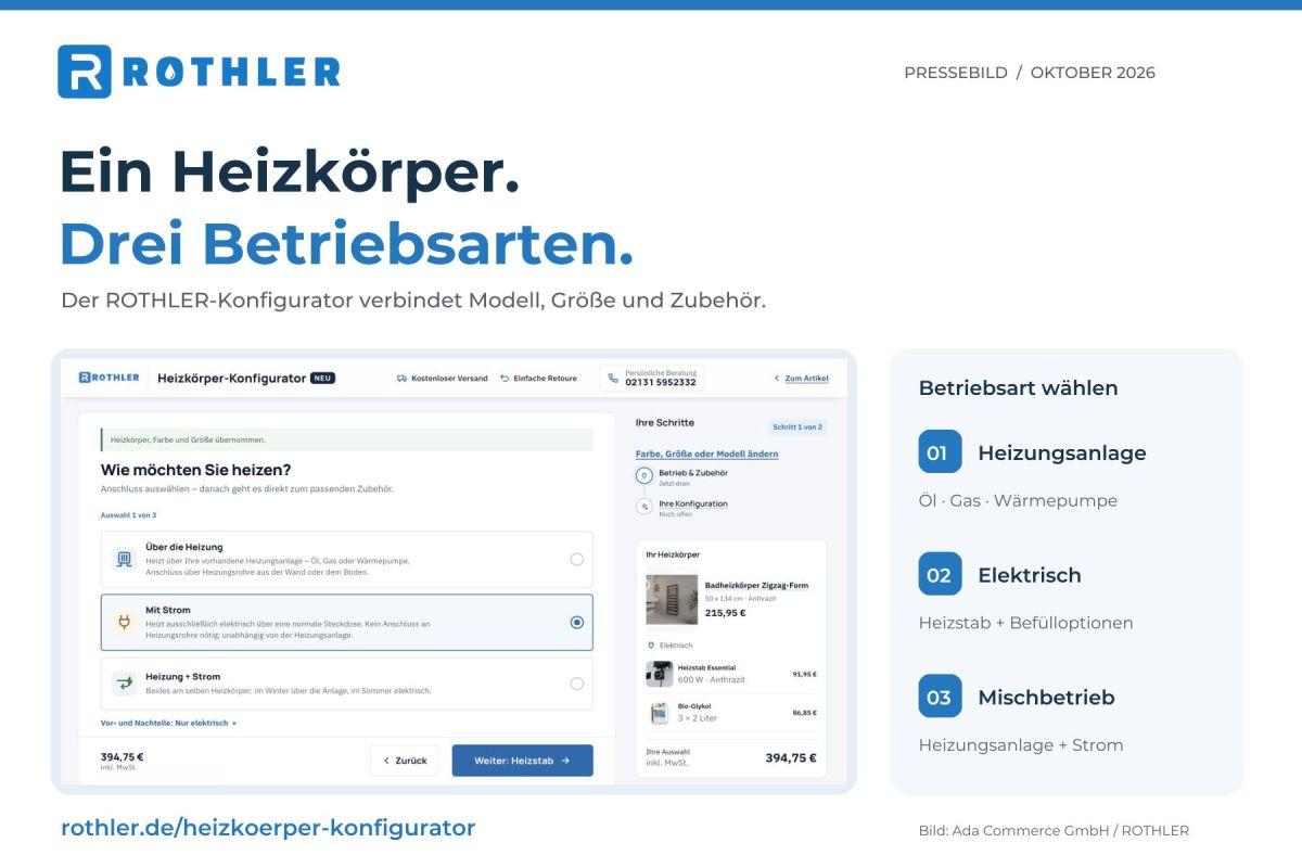 ROTHLER-Konfigurator verbindet Badheizkörper-Auswahl, Betriebsart und Zubehör